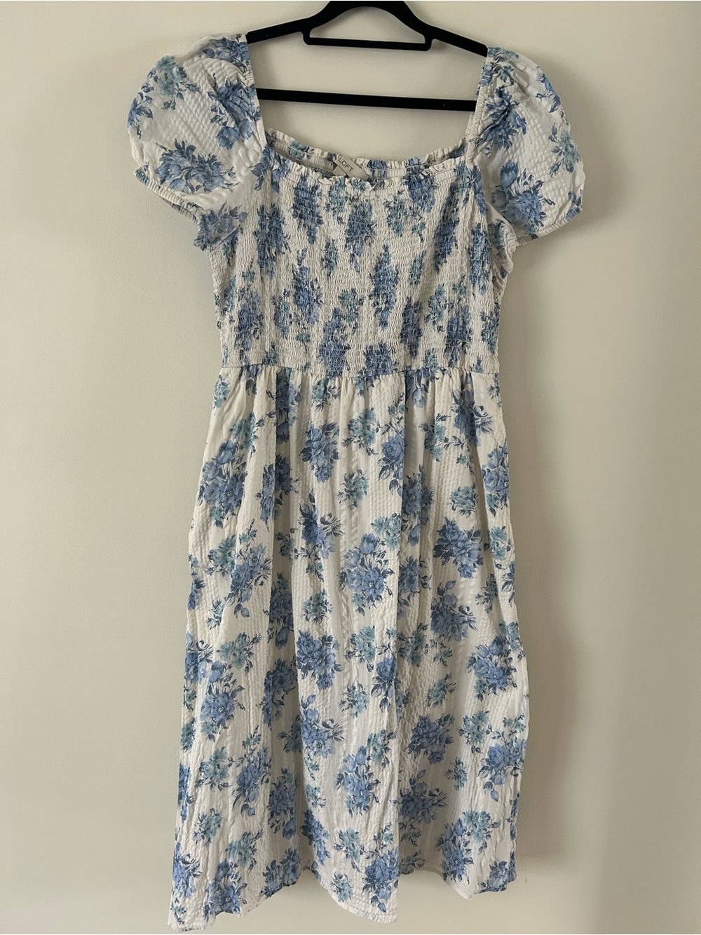 LOFT White Dress with Blue Floral Print